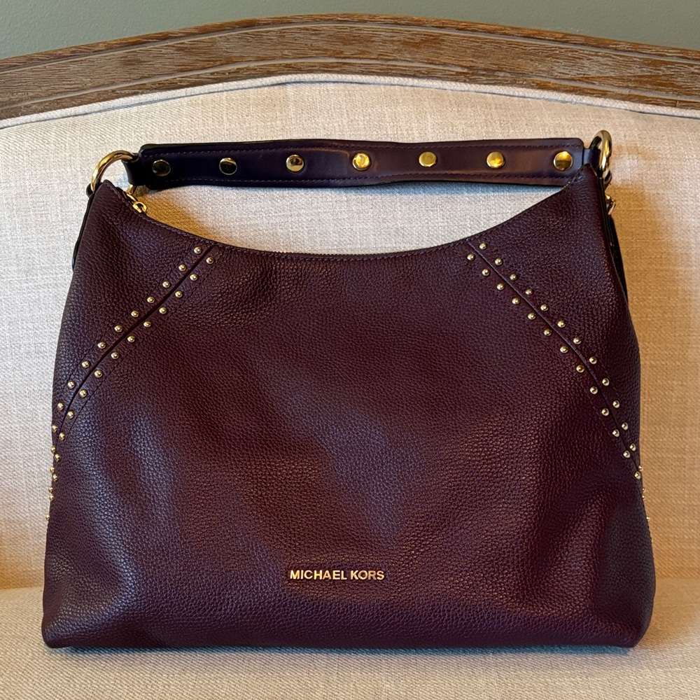 Michael Kors Aria Purple Pebbled Leather Large Studded Shoulder Bag